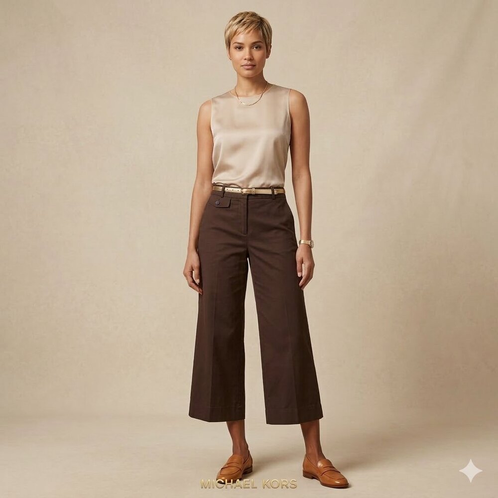 Michael Kors Brown Cropped Wide-Leg Bermudas with Cream Top